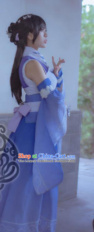 Custom Chinese Cosplay Goddess Garment Costumes Moonlight Blade Mu Qing Blue Dress Outfits Ancient Swordswoman Clothing