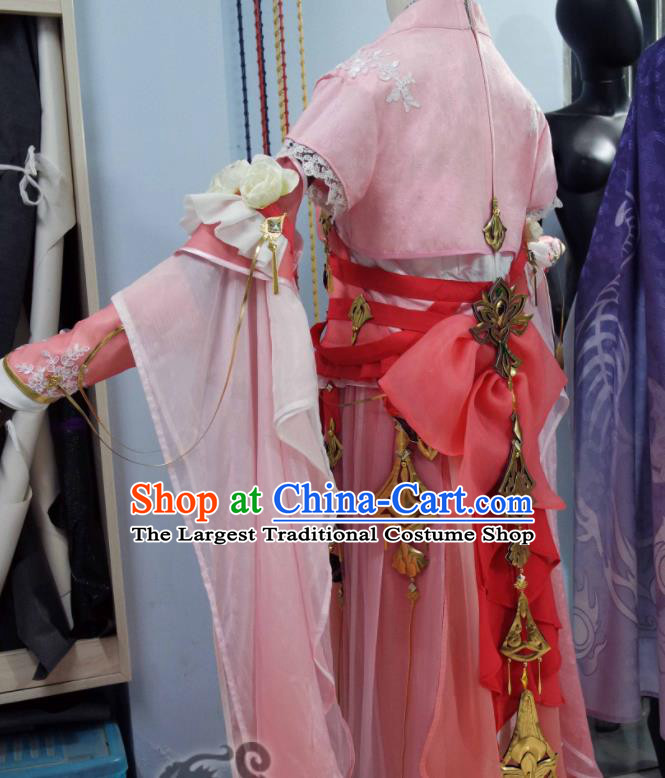 Custom Chinese Ancient Swordswoman Clothing Cosplay Fairy Princess Garment Costumes Traditional Female Knight Pink Dress Outfits