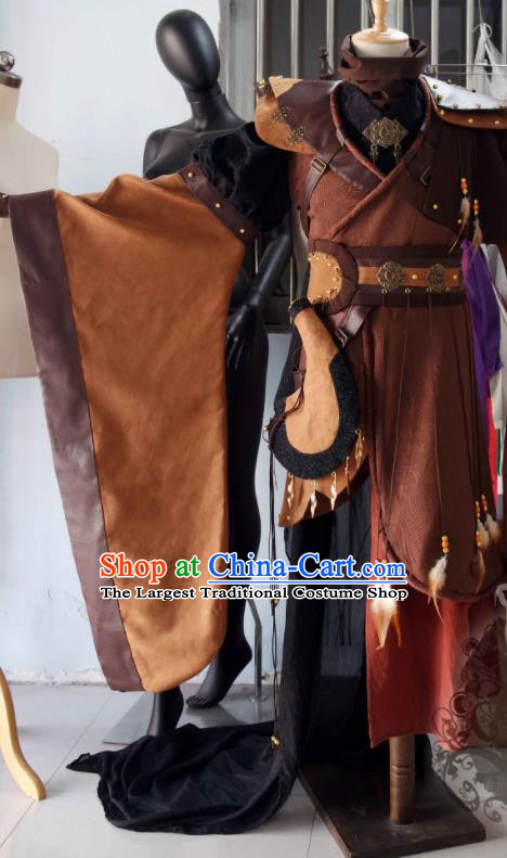 China Cosplay Swordsman Brown Apparels Ancient Young Childe Clothing Traditional Puppet Show Warrior Garment Costumes