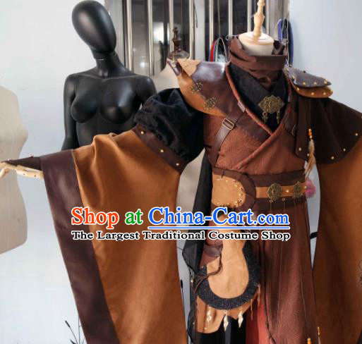 China Cosplay Swordsman Brown Apparels Ancient Young Childe Clothing Traditional Puppet Show Warrior Garment Costumes