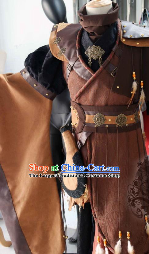 China Cosplay Swordsman Brown Apparels Ancient Young Childe Clothing Traditional Puppet Show Warrior Garment Costumes