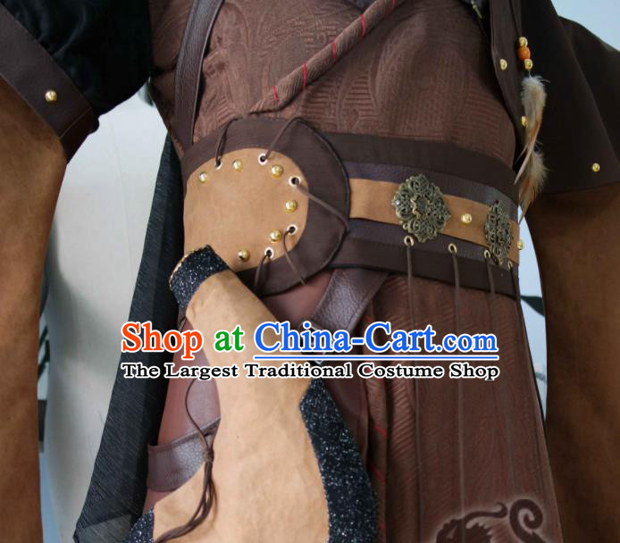 China Cosplay Swordsman Brown Apparels Ancient Young Childe Clothing Traditional Puppet Show Warrior Garment Costumes