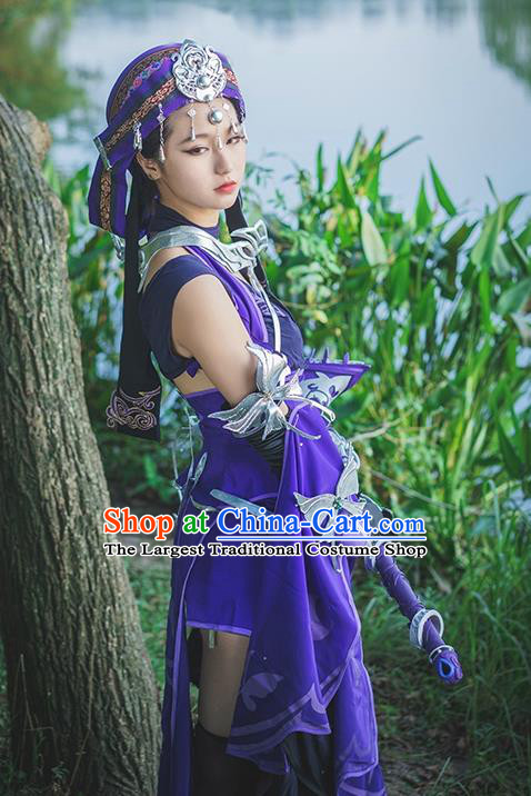 Custom Chinese Traditional Female Warrior Purple Dress Outfits Ancient Princess Clothing Cosplay Swordswoman Garment Costumes