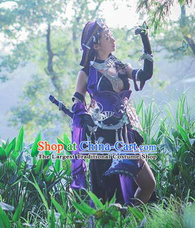 Custom Chinese Traditional Female Warrior Purple Dress Outfits Ancient Princess Clothing Cosplay Swordswoman Garment Costumes