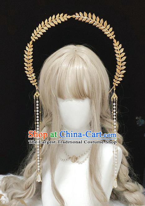 Handmade Baroque Queen Tiara Headpieces Cosplay Goddess Golden Royal Crown Halloween Performance Hair Accessories