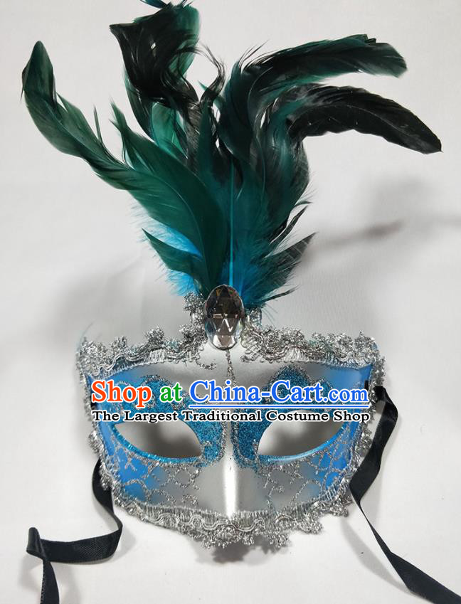 Handmade Halloween Feather Headdress Cosplay Angel Blue Mask Masque Face Accessories