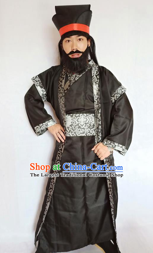 Top China Romance of the Three Kingdoms Zhang Fei Garment Costumes Ancient General Black Robe Apparels Cosplay Swordsman Clothing and Hat