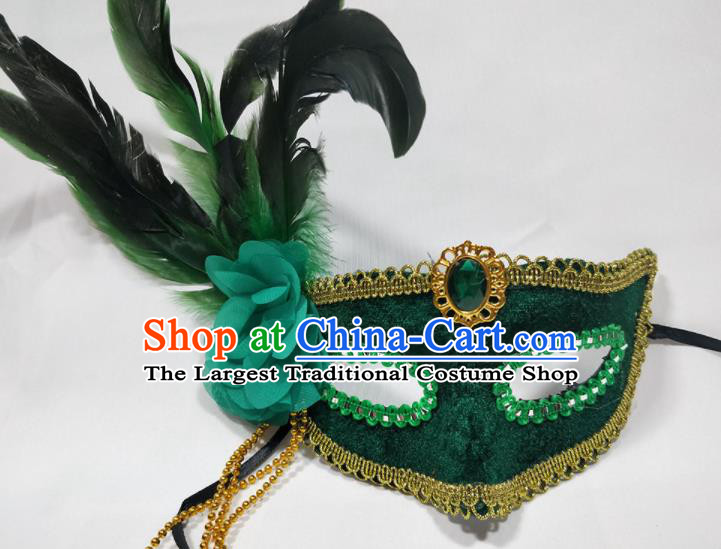 Handmade Stage Show Decorations Halloween Green Feather Headdress Cosplay Performance Mask Masque Face Accessories