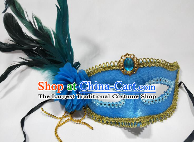 Handmade Masque Face Accessories Stage Show Decorations Halloween Blue Feather Headdress Cosplay Performance Mask