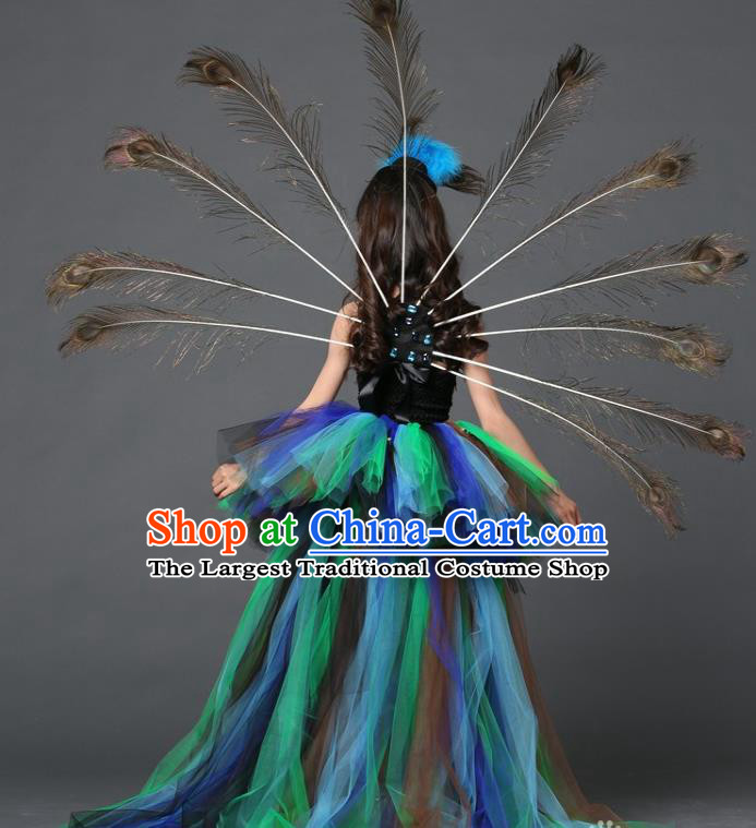 Custom Girl Blue Veil Trailing Dress Compere Garment Costumes Children Stage Show Fashion Catwalks Clothing