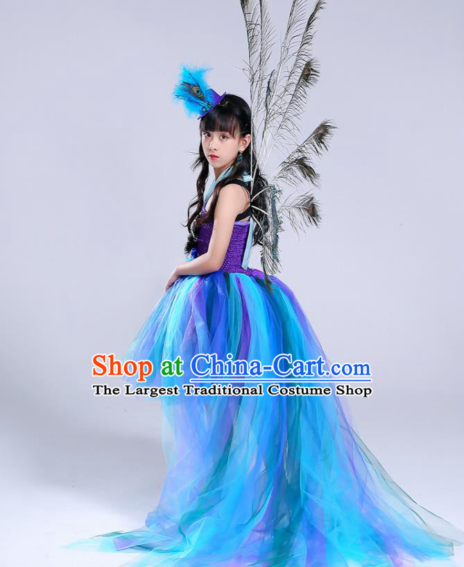 Custom Girl Catwalks Clothing Blue Veil Trailing Dress Compere Garment Costumes Children Stage Show Fashion