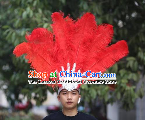 Handmade Rio Carnival Red Ostrich Feather Hat Halloween Cosplay Headwear Stage Performance Giant Hair Crown Samba Dance Hair Accessories