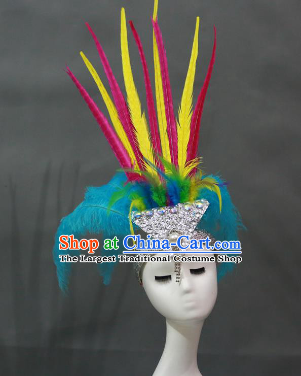 Handmade Catwalks Headwear Stage Performance Giant Hair Crown Samba Dance Hair Accessories Rio Carnival Blue Feather Hat