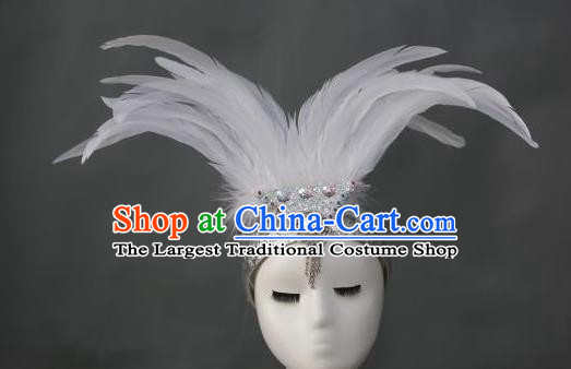 Handmade Samba Dance Hair Accessories Rio Carnival White Feather Hat Catwalks Giant Headpiece Stage Performance Hair Crown