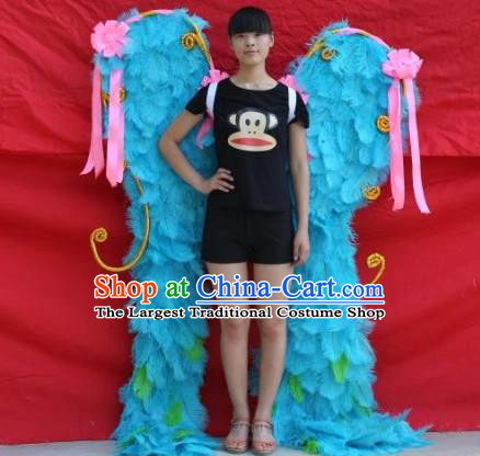 Top Halloween Cosplay Performance Decorations Miami Angel Catwalks Giant Props Stage Show Blue Ostrich Feather Wings Opening Dance Back Accessories