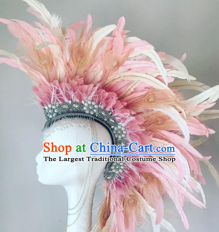 Handmade Stage Performance Headdress Samba Dance Pink Feather Hat Rio Carnival Deluxe Hair Accessories Catwalks Giant Hair Crown