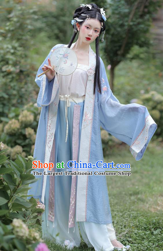 China Ancient Young Lady Garment Costumes Song Dynasty Historical Clothing Traditional Civilian Woman Blue Hanfu Dress Uniforms