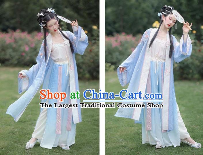 China Ancient Young Lady Garment Costumes Song Dynasty Historical Clothing Traditional Civilian Woman Blue Hanfu Dress Uniforms