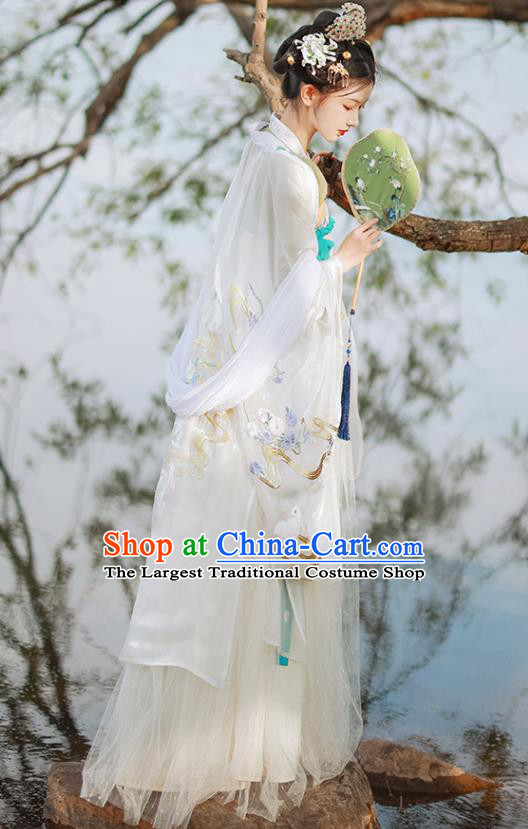 China Tang Dynasty Imperial Concubine Historical Clothing Traditional Court Woman White Hanfu Dress Apparels Ancient Palace Beauty Garment Costumes