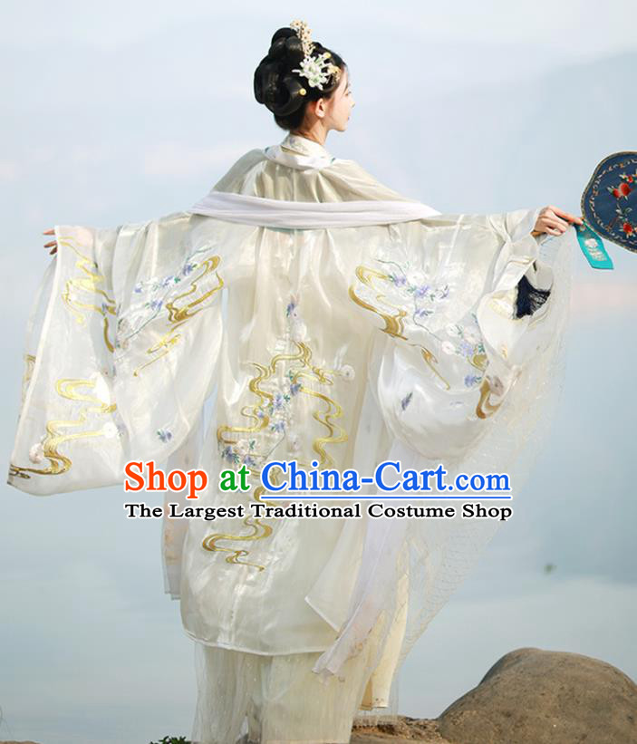 China Tang Dynasty Imperial Concubine Historical Clothing Traditional Court Woman White Hanfu Dress Apparels Ancient Palace Beauty Garment Costumes