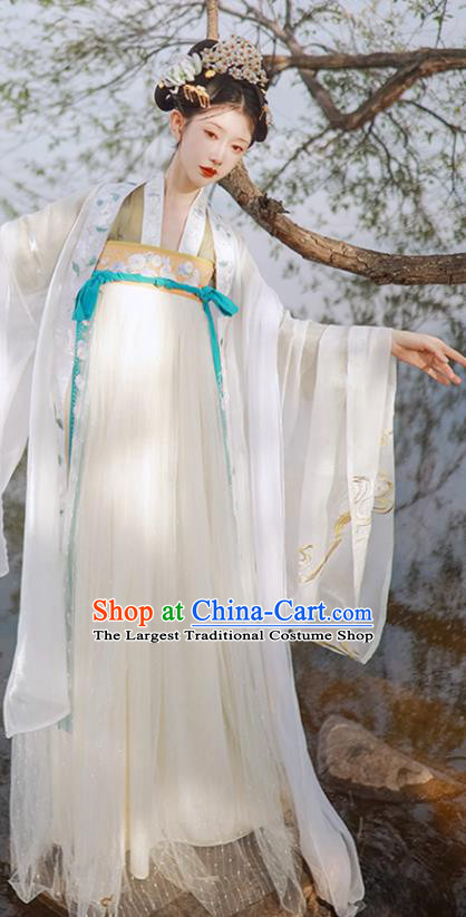 China Tang Dynasty Imperial Concubine Historical Clothing Traditional Court Woman White Hanfu Dress Apparels Ancient Palace Beauty Garment Costumes