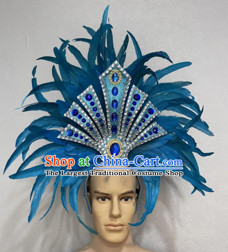 Custom Opening Dance Deluxe Blue Feather Hair Crown Halloween Performance Headdress Brazil Parade Giant Hat Samba Dance Hair Accessories