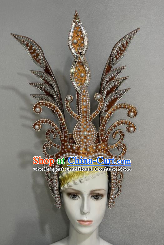 Custom Halloween Opening Dance Headdress Brazil Parade Golden Hat Samba Dance Hair Accessories Catwalks Pearls Hair Crown