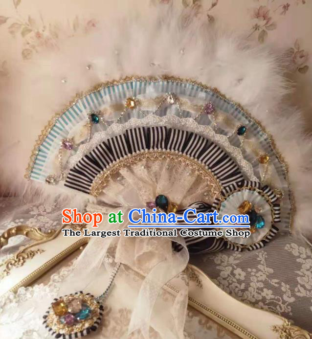 Handmade European Princess Embroidery Pearls Fan White Fur Fan Wedding Bride Fan Western Noble Lady Folding Fan