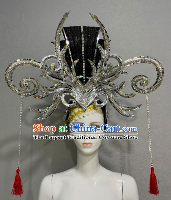 Custom Brazil Parade Argent Sequins Hat Samba Dance Hair Accessories Catwalks Giant Hair Crown Halloween Opening Dance Headdress