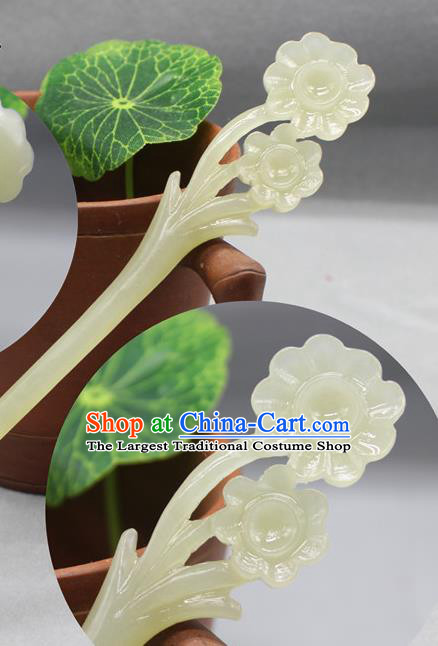 China Ancient Princess Hair Stick Handmade Jade Carving Flowers Hairpin Traditional Cheongsam Hair Accessories