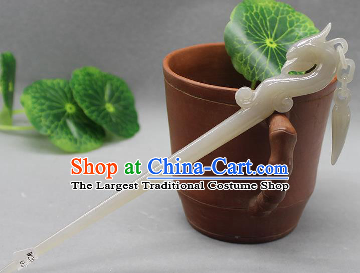 China Traditional Hair Accessories Ancient Court Lady Tassel Hair Stick Classical Headpiece Handmade Jade Carving Phoenix Hairpin