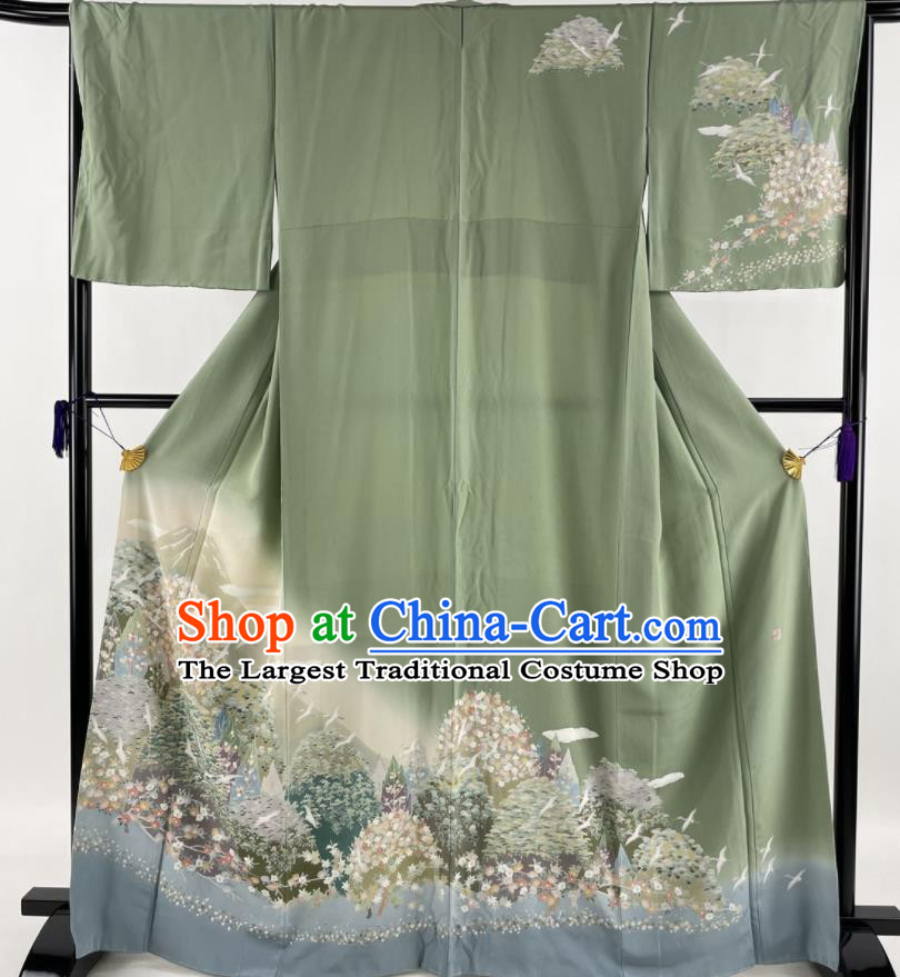 Japanese Traditional Clothing Classical Flowers Pattern Tsukesage Kimono Costume Court Woman Green Yukata Dress