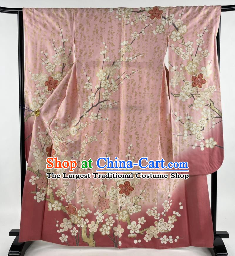 Japanese Traditional Ceremony Clothing Classical Plum Blossom Pattern Furisode Kimono Costume Wedding Bride Pink Silk Yukata Dress