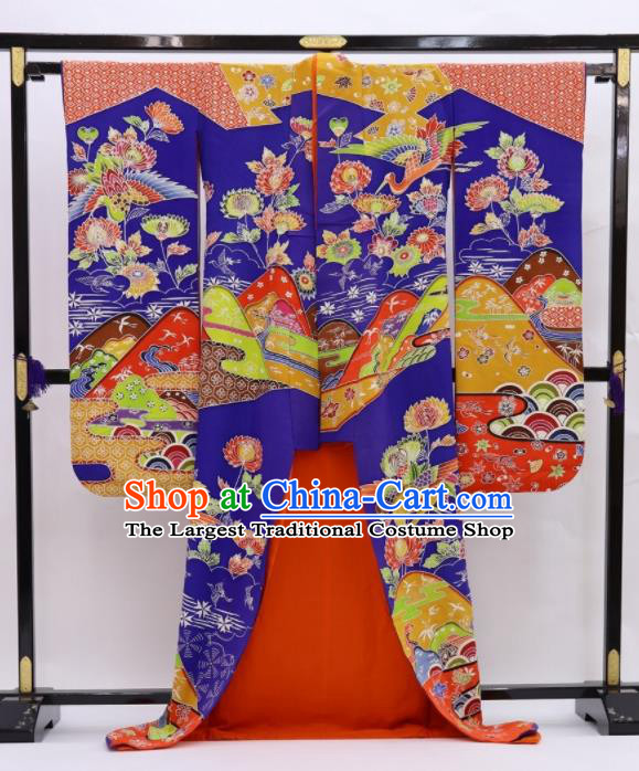 Japanese Classical Crane Chrysanthemum Pattern Furisode Kimono Costume Court Woman Royalblue Silk Yukata Dress Traditional Wedding Bride Clothing