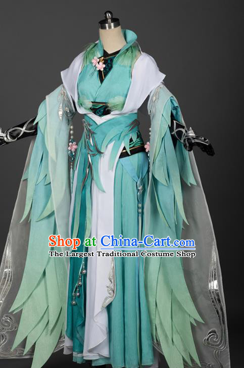 Chinese Ancient Swordswoman Costumes Traditional Cosplay Female Knight Green Hanfu Dress