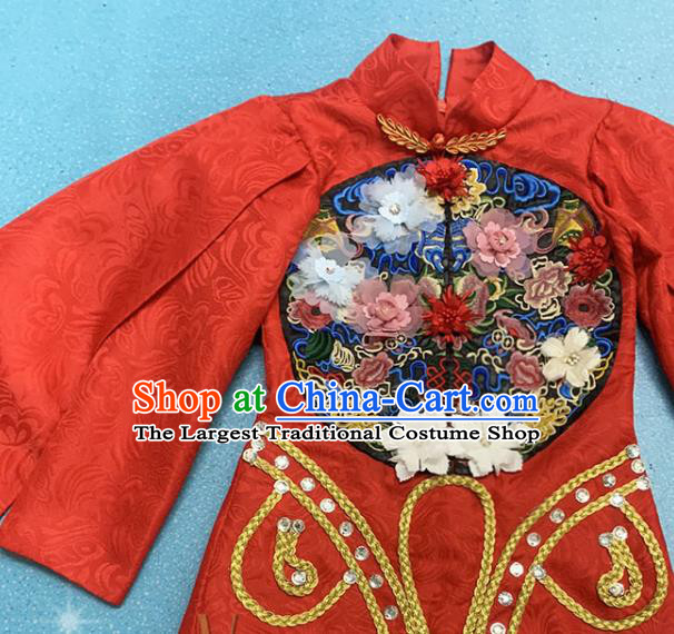 Chinese Stage Performance Fashion Girl Catwalk Show Clothing Modern Dance Garment Costume Children Red Qipao Dress