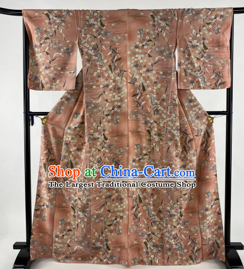 Japanese Court Woman Brown Silk Yukata Dress Traditional Festival Clothing Classical Flowers Pattern Tsukesage Kimono Costume