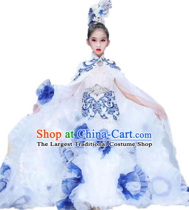 Chinese Compere Garment Costume Children Performance White Qipao Dress Stage Show Fashion Girl Catwalk Clothing