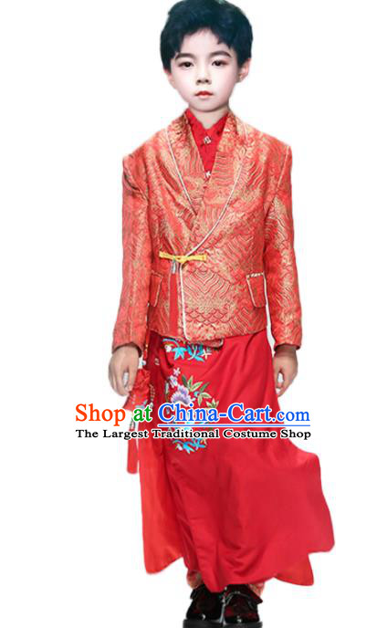 Top China Boys Stage Show Red Tang Suits Compere Garment Costumes Children Stage Performance Clothing Catwalks Prince Fashion