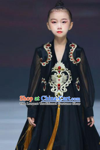 Chinese Modern Dance Garment Costume Children Kung Fu Performance Black Trailing Dress Stage Show Fashion Girl Catwalk Clothing