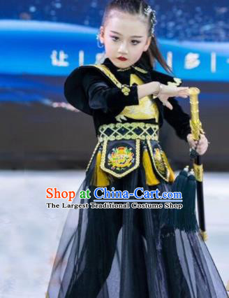 Chinese Stage Show Fashion Girl Catwalk Clothing Chivalrous Garment Costume Children Kung Fu Performance Black Dress