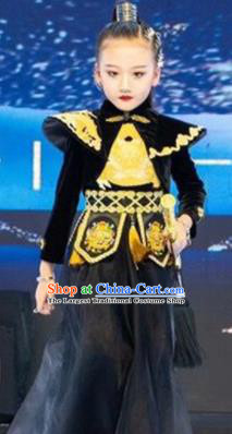 Chinese Stage Show Fashion Girl Catwalk Clothing Chivalrous Garment Costume Children Kung Fu Performance Black Dress