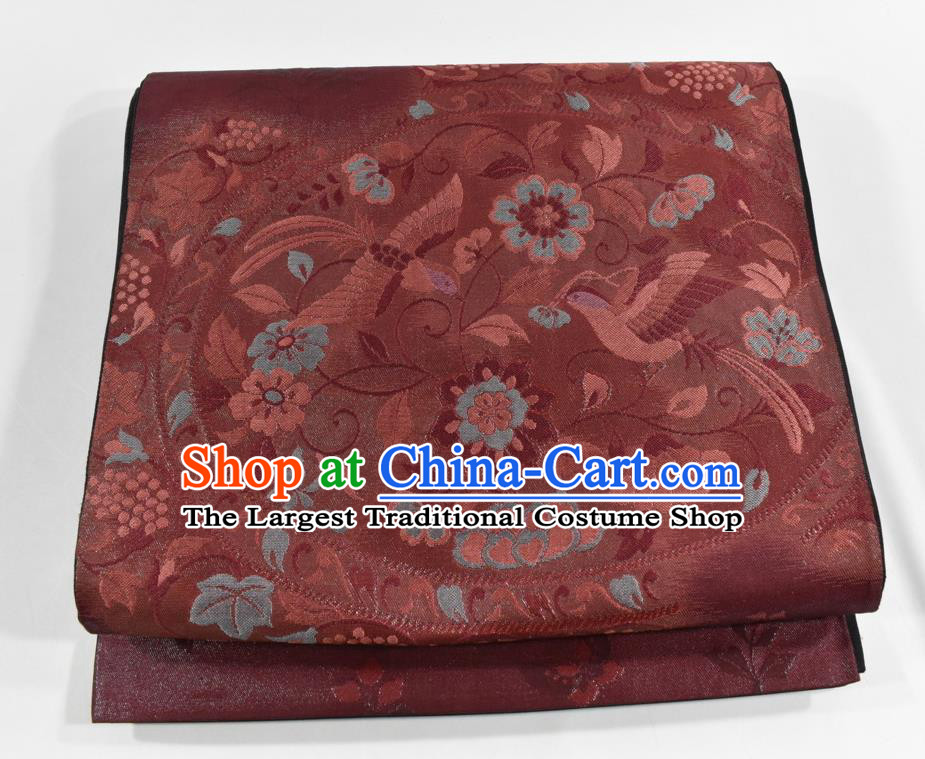 Japanese Classical Flowers Bird Pattern Kimono Belt Handmade Nishijin Wine Red Brocade Waistband Traditional Yukata Robe Girdle Accessories