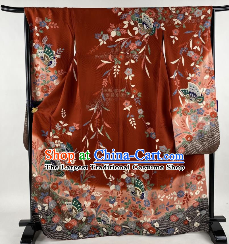Japanese Traditional Summer Festival Clothing Classical Sakura Butterfly Pattern Furisode Kimono Costume Wedding Bride Yukata Dress
