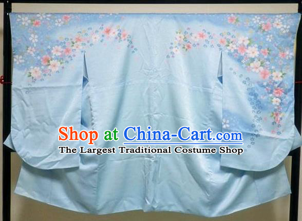 Japanese Traditional Wedding Bride Clothing Classical Sakura Pattern Furisode Kimono Costume Court Empress Blue Silk Yukata Dress