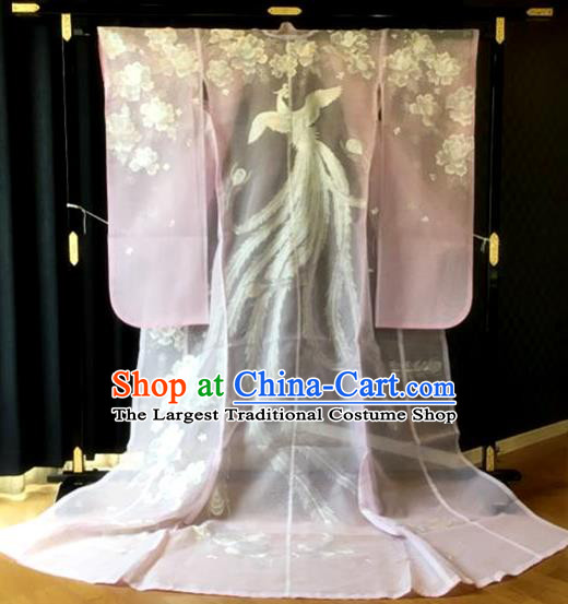 Japanese Court Princess Pink Silk Yukata Dress Traditional Wedding Bride Clothing Classical Embroidered Phoenix Pattern Uchikake Kimono Costume