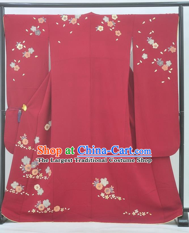 Japanese Traditional Wedding Bride Clothing Classical Sakura Pattern Furisode Kimono Costume Court Princess Red Yukata Dress