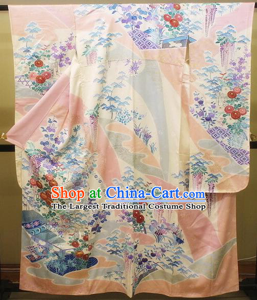 Japanese Traditional Court Princess Clothing Classical Chrysanthemum Pattern Furisode Kimono Costume Wedding Bride Pink Silk Yukata Dress