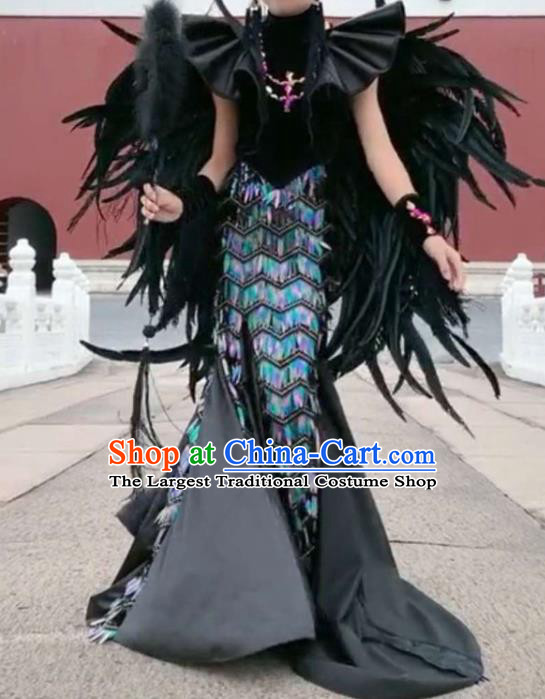 Custom Girl Catwalks Garment Costumes Stage Show Black Feather Fishtail Dress Girl Performance Fashion Modern Dance Formal Clothing