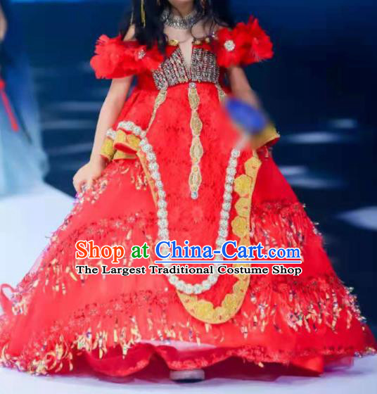 Custom Girl Catwalks Garment Costumes Stage Show Red Trailing Dress Baroque Princess Fashion Piano Recital Formal Clothing